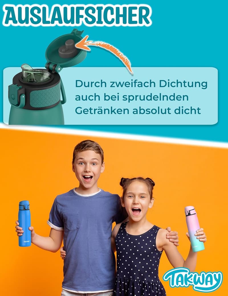 TAKWAY Auslaufsichere Trinkflasche für Kinder 600 ml - BPA-frei, mit Fruchtsieb (Blau)