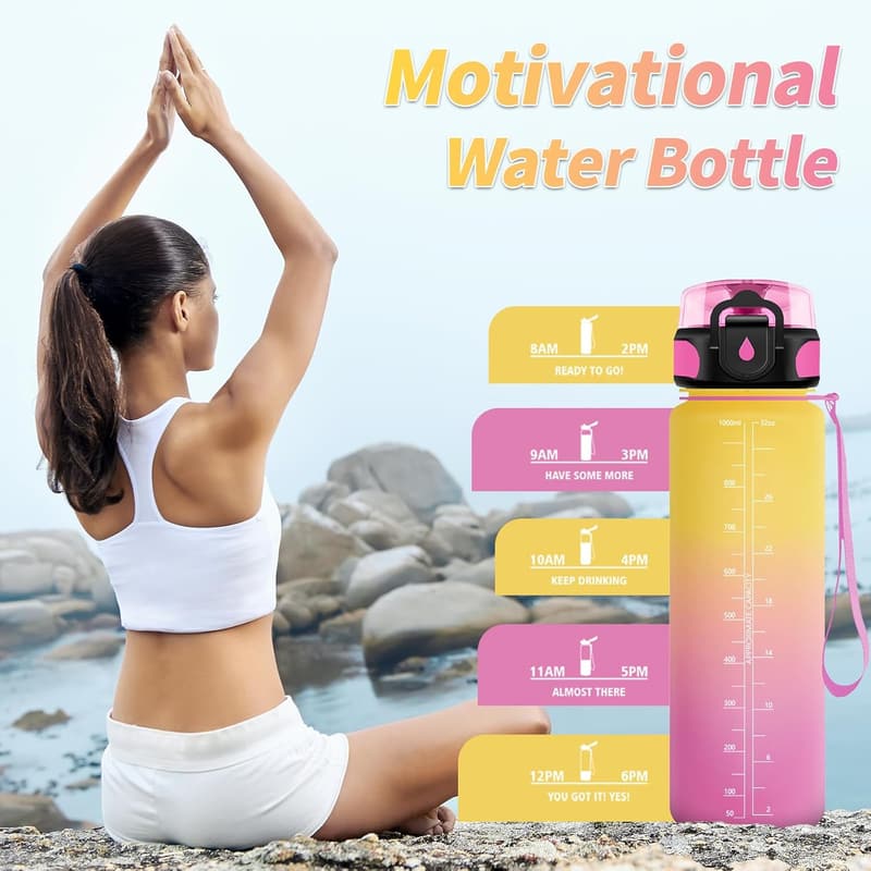 Auslaufsichere 1L Sportflasche mit Filter und Zeitmarkierung für Fitness