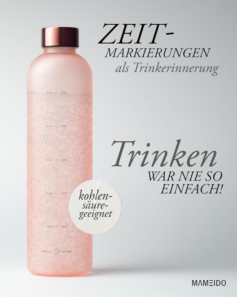 1l Trinkflasche mit Zeitmarkierung, auslaufsicher, BPA-frei, pink