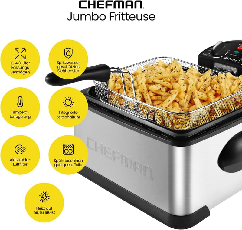 Chefman XL Jumbo Fritteuse 4,3 Liter mit Temperatur- und Timer-Einstellung