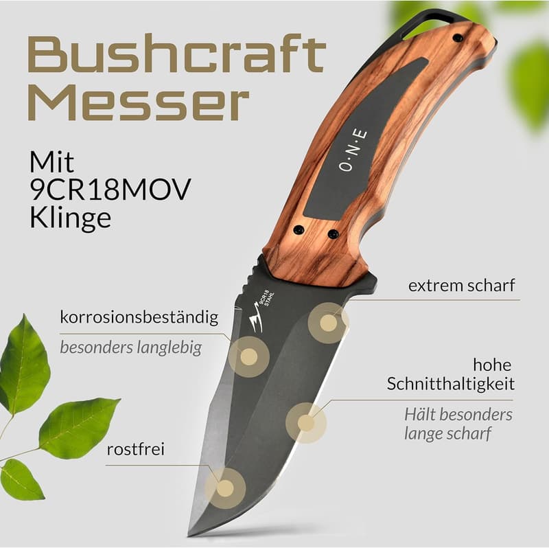 Bushcraft Messer ONE mit 9,7 cm Full Tang Klinge und Echtholz-Griff