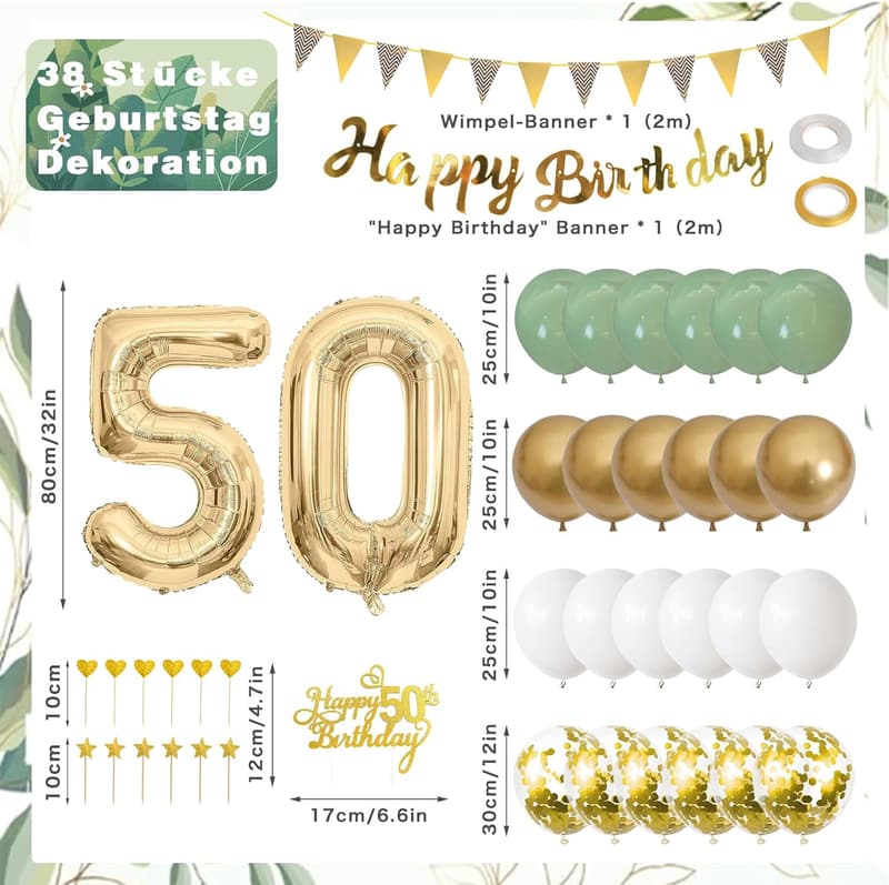 50. Geburtstag Deko-Set für Frauen – Salbeigrün, Gold & Weiß, mit Ballons und Banner