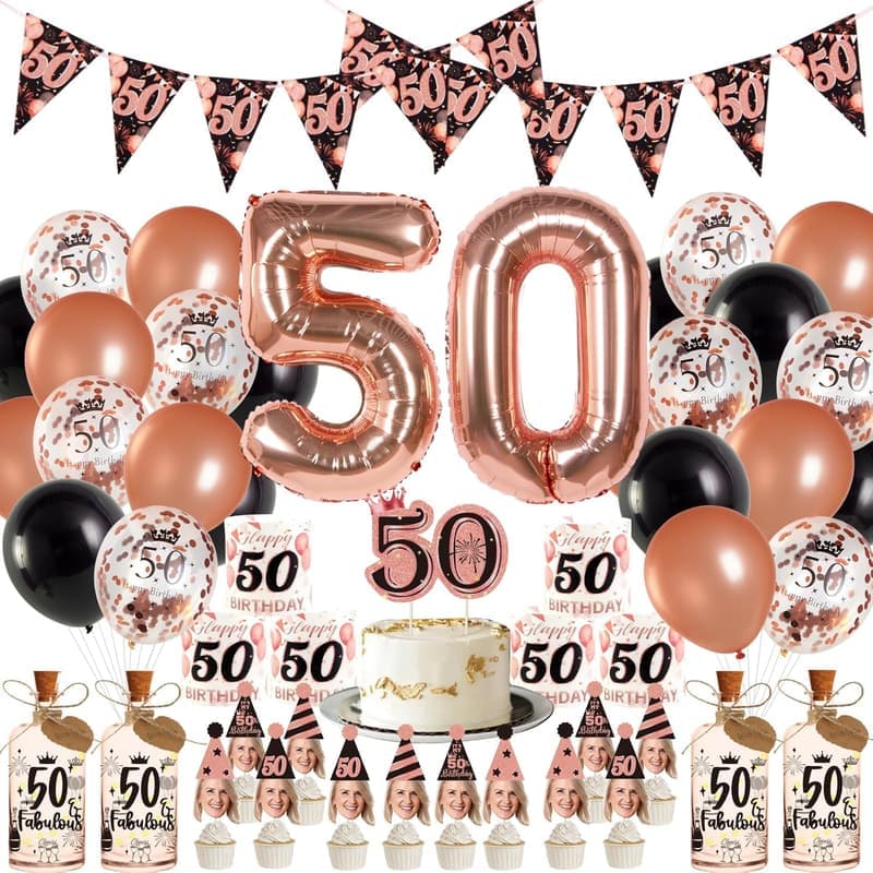 50. Geburtstag Tischdeko in Roségold & Schwarz für Frauen mit Wimpelkette und Ballons
