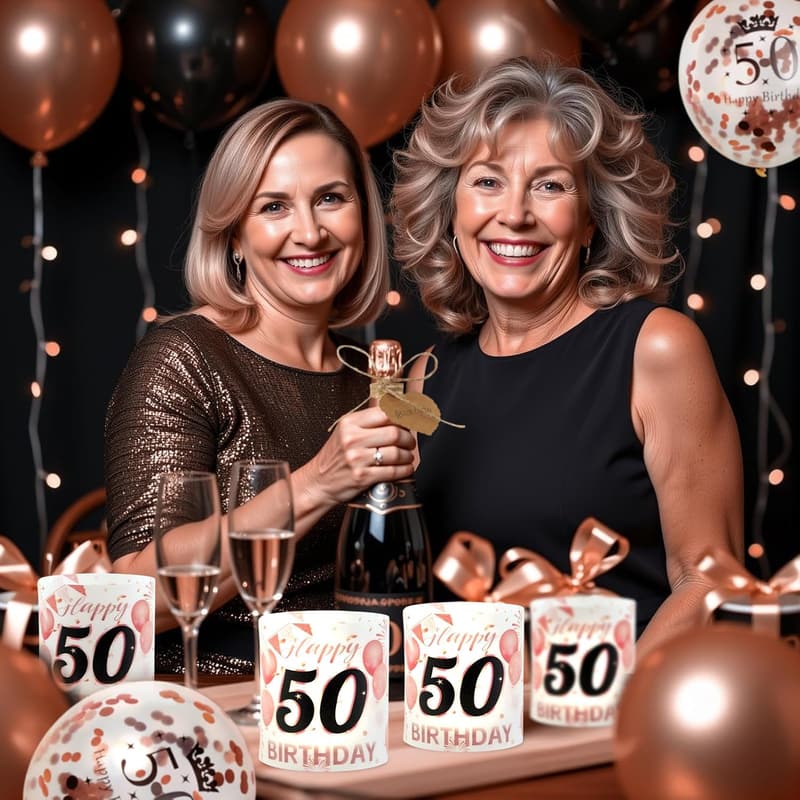 50. Geburtstag Tischdeko in Roségold & Schwarz für Frauen mit Wimpelkette und Ballons