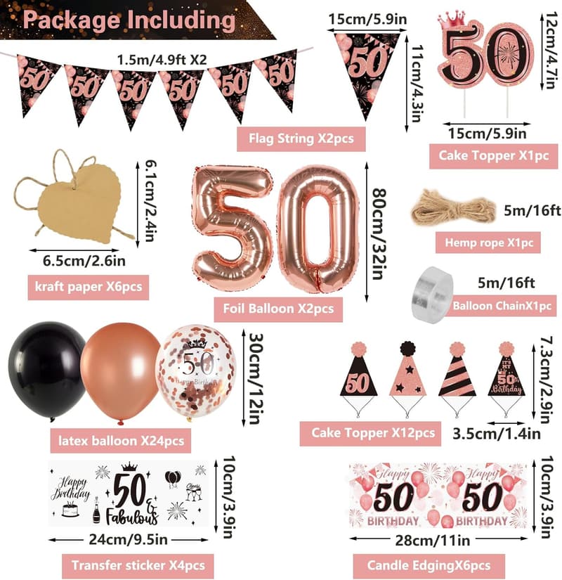 50. Geburtstag Tischdeko in Roségold & Schwarz für Frauen mit Wimpelkette und Ballons