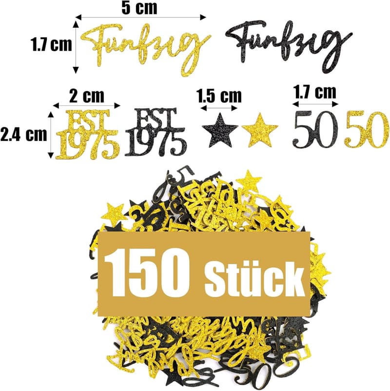 50. Geburtstag Tischdeko - 150 Stück Glitzer Konfetti Schwarz Gold