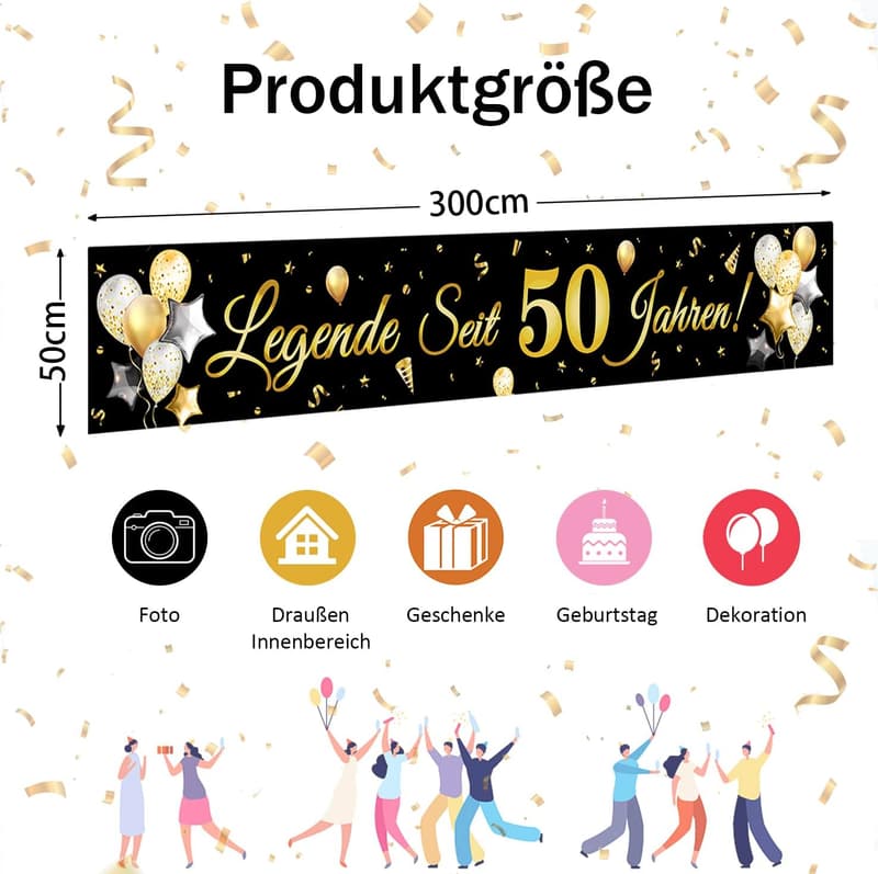 Glitzerbanner zum 50. Geburtstag für Männer und Frauen, 300x50 cm