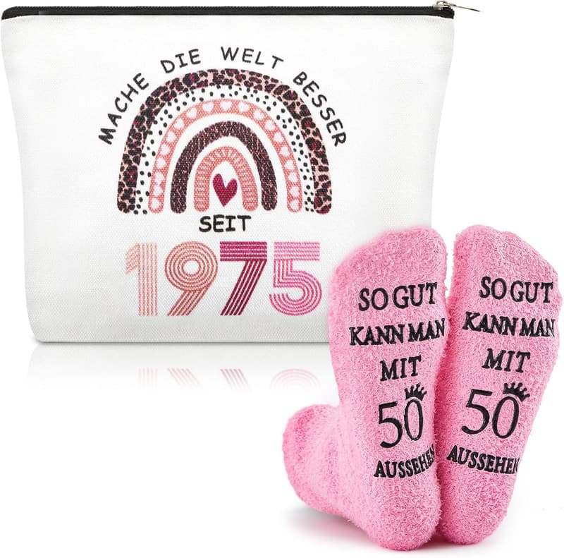 Geschenkset zum 50. Geburtstag für Frauen mit Kosmetiktasche und Socken