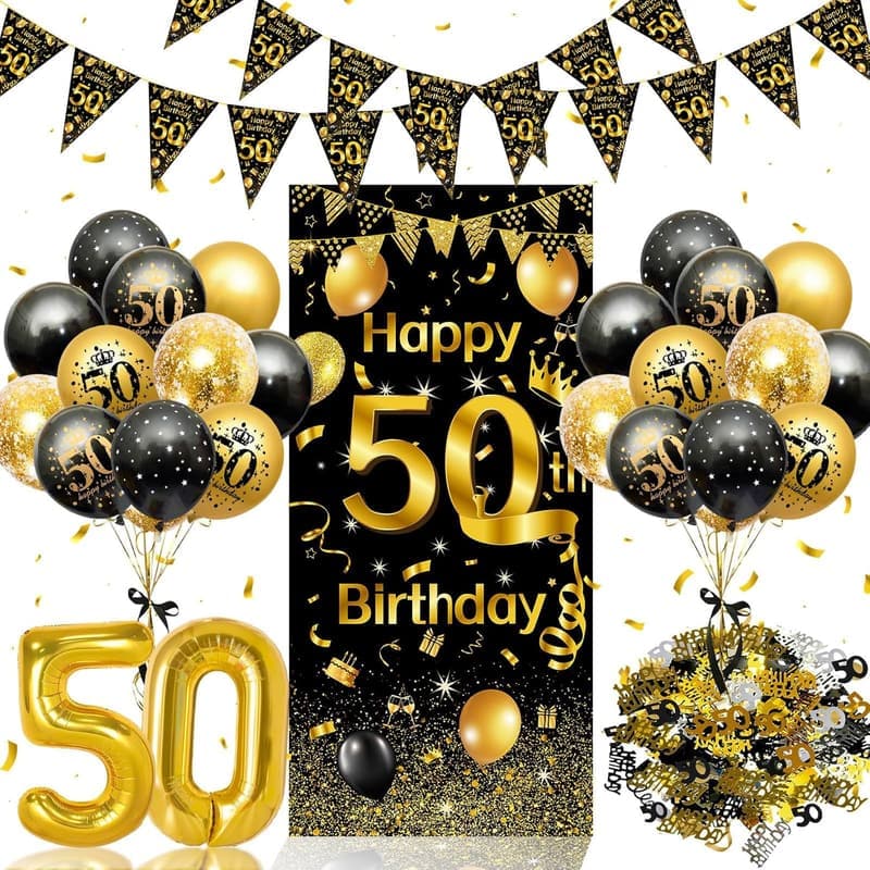 50. Geburtstag Deko-Set mit Schwarz-Gold Luftballons und Konfetti