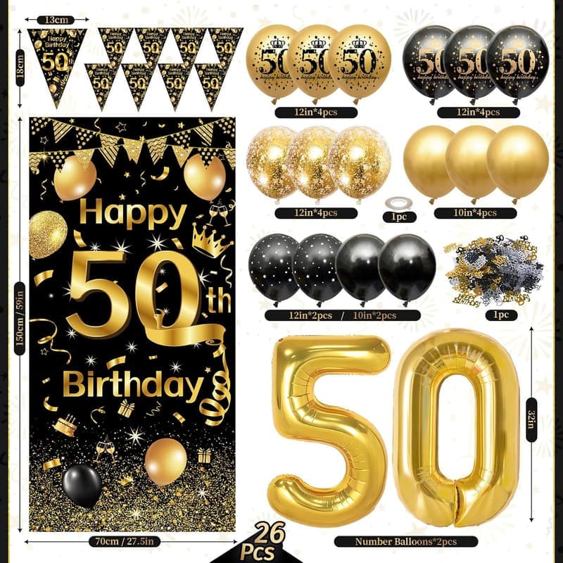 50. Geburtstag Deko-Set mit Schwarz-Gold Luftballons und Konfetti