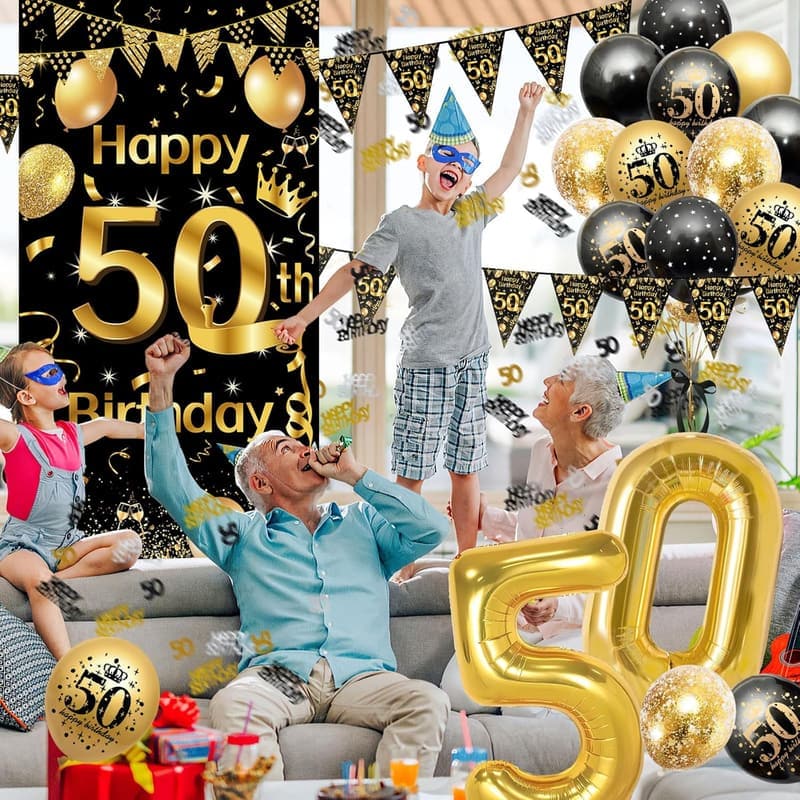 50. Geburtstag Deko-Set mit Schwarz-Gold Luftballons und Konfetti