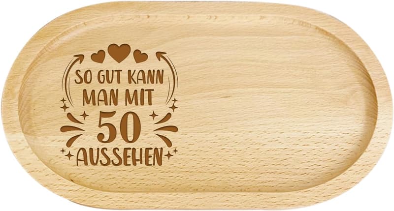 Ovale Holzserviertablett mit Gravur zum 50. Geburtstag für Frauen und Männer