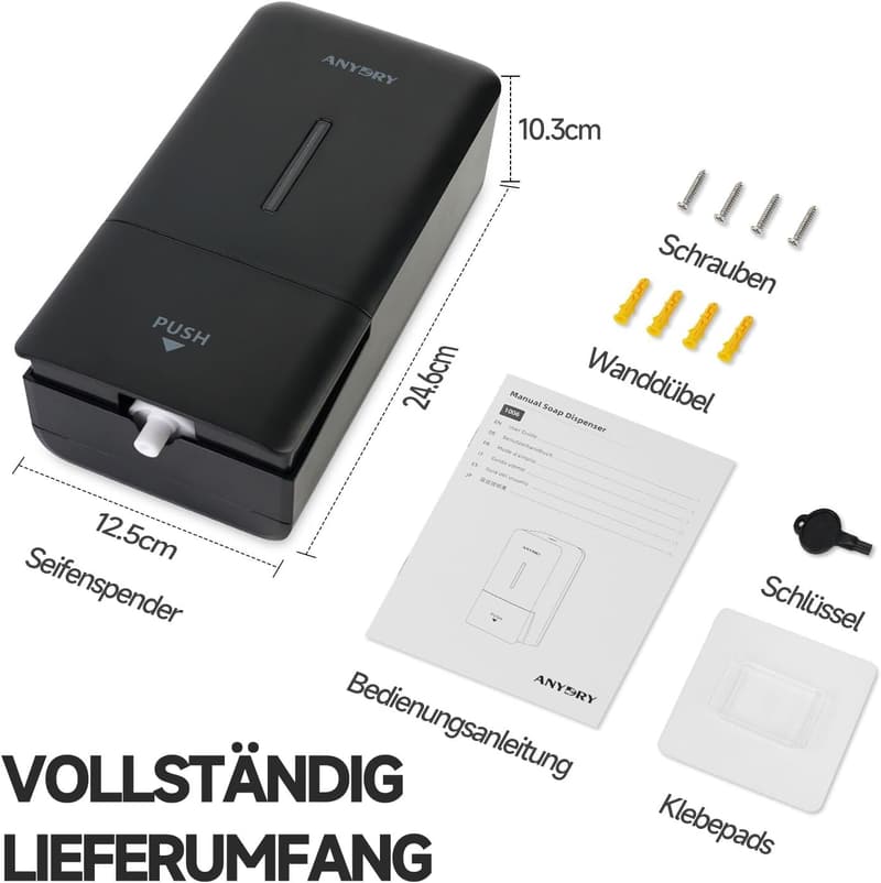 Manueller Wand-Seifenspender 800 ml mit Sichtfenster – für Haushalt und Gewerbe – Schwarz