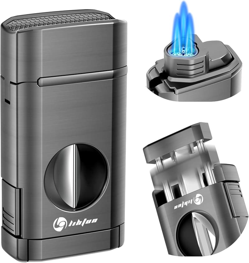 Multifunktionales Zigarrenfeuerzeug mit integriertem Halter und Schneider – Grau