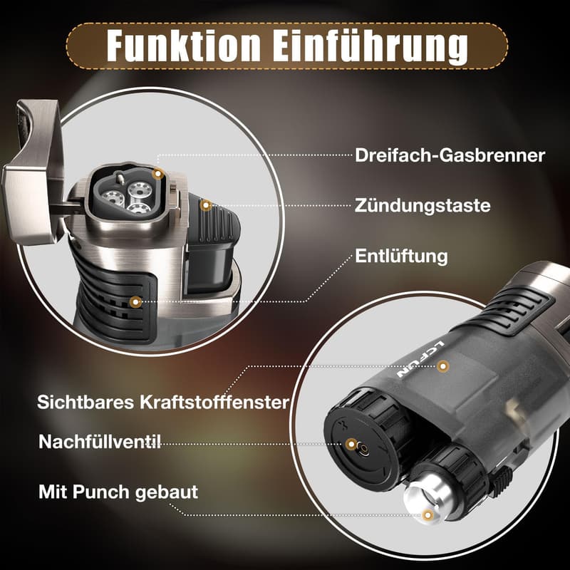 Butan Jetflamme Feuerzeug 3 Flammen – 2er Set, winddicht für Küche & Camping