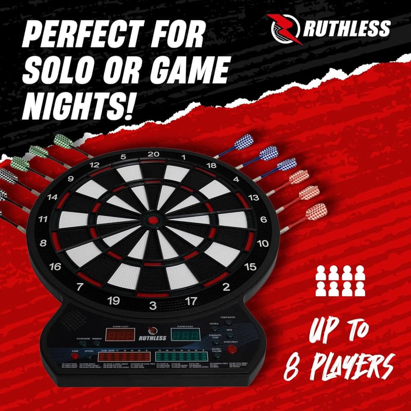 Ruthless R600 Elektronische Dartscheibe mit 4 Dartpfeilen – 27 Spiele für bis zu 8 Spieler