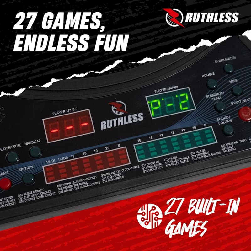 Ruthless R600 Elektronische Dartscheibe mit 4 Dartpfeilen – 27 Spiele für bis zu 8 Spieler
