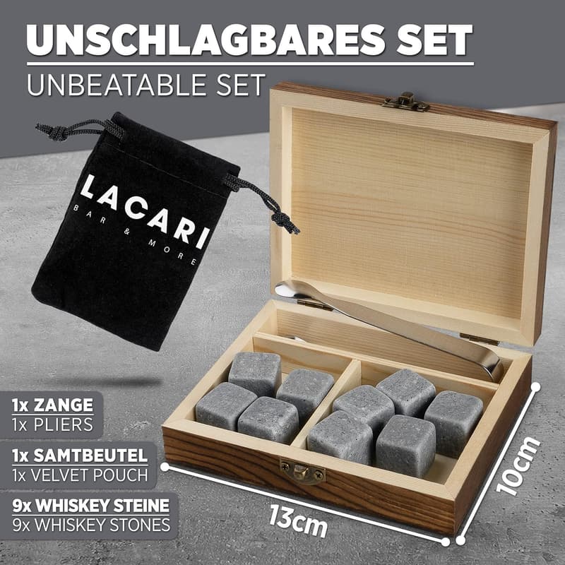 Whisky Geschenkset mit 9 wiederverwendbaren Steinen und Holzbox