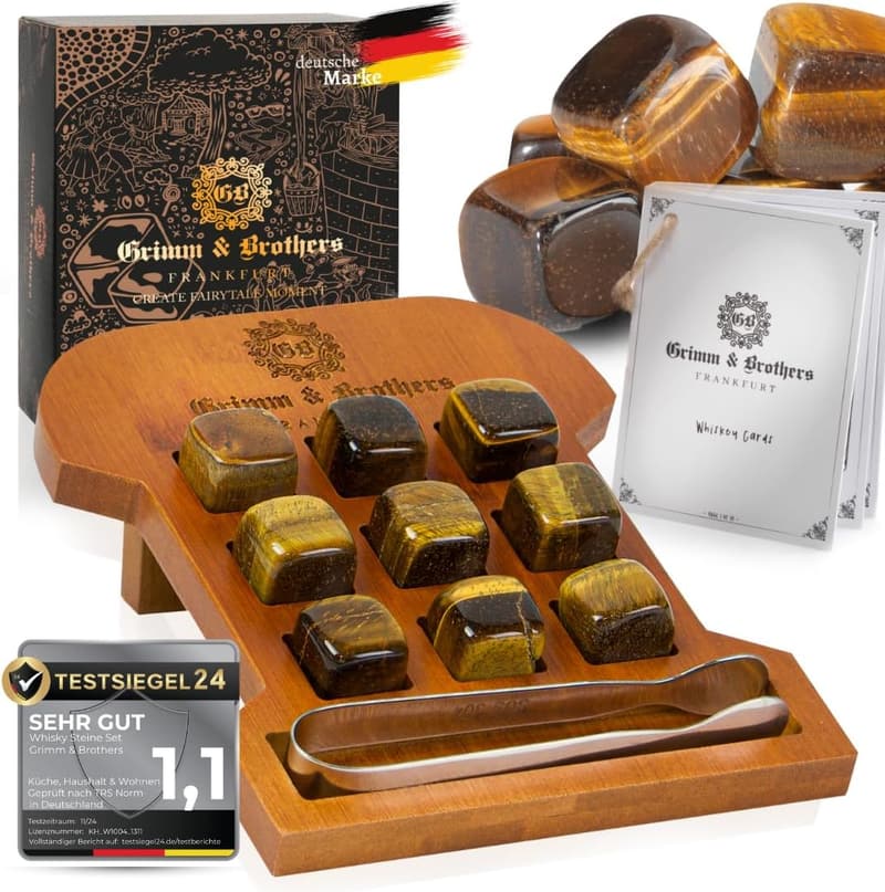 Whisky Geschenkset mit 9 Tigeraugen Kühlsteinen im gravierten Bambusgestell