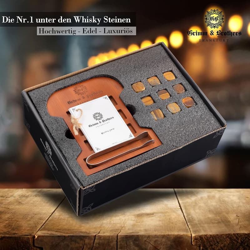 Whisky Geschenkset mit 9 Tigeraugen Kühlsteinen im gravierten Bambusgestell