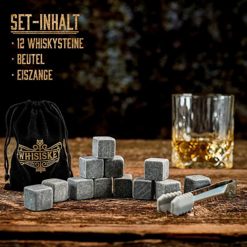 Whisky Steine Set mit Zange - Wiederverwendbare Eiswürfel für Männer