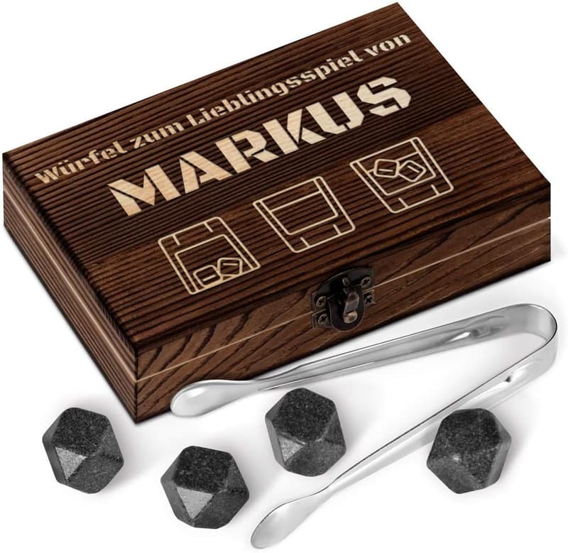 Maverton Whisky Steine Set mit Gravur – 6 Granit-Eiswürfel in Holzbox