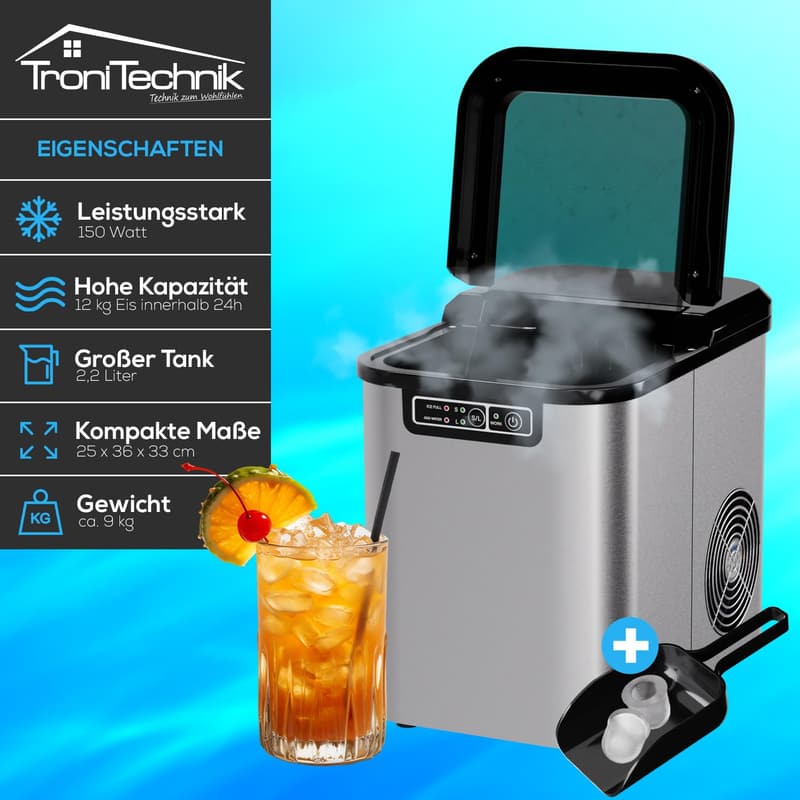 Edelstahl Eiswürfelmaschine für 12 kg/24h, selbstreinigend, 2,2l Tank