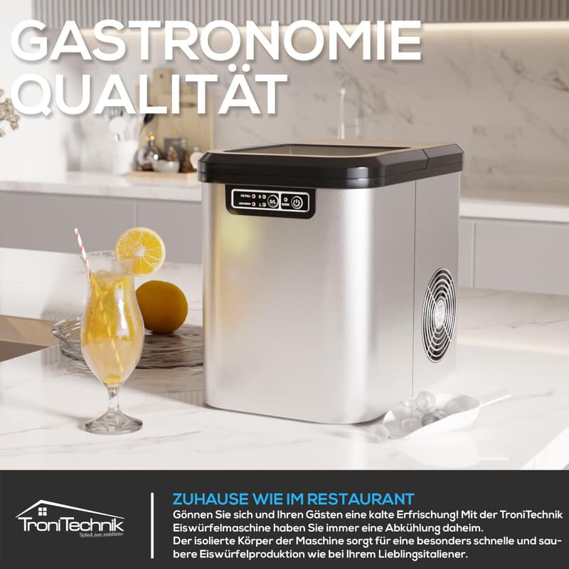 Edelstahl Eiswürfelmaschine für 12 kg/24h, selbstreinigend, 2,2l Tank