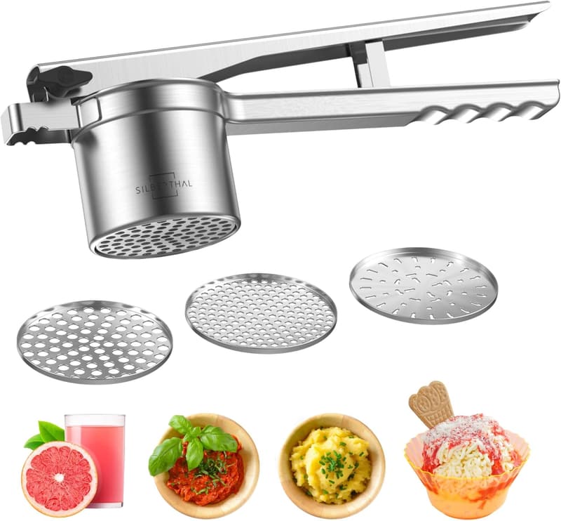 Edelstahl Spaghettieispresse mit 3 Einlegescheiben, rostfrei und spülmaschinenfest