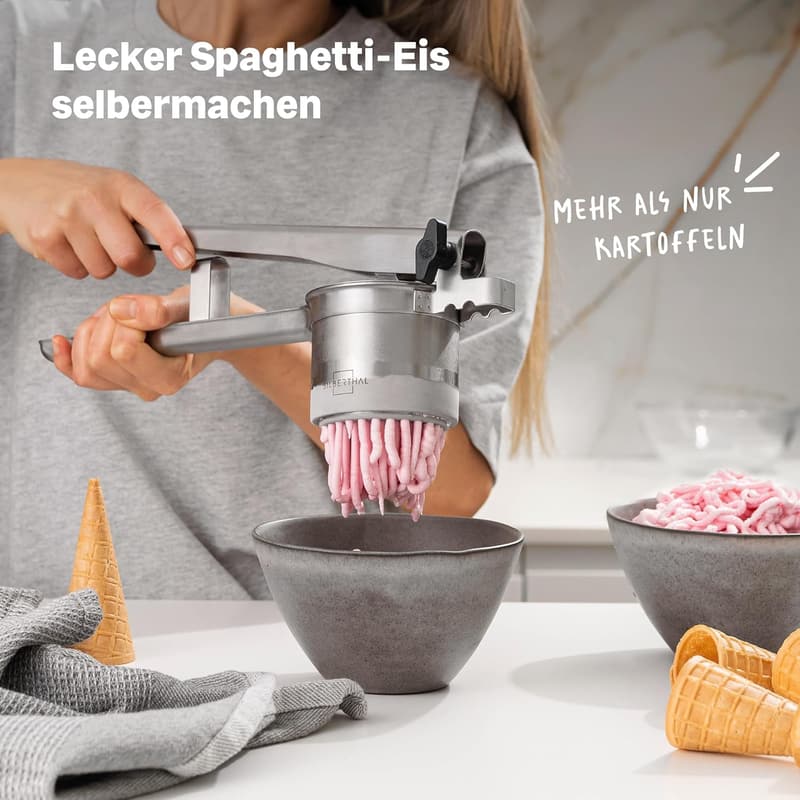 Edelstahl Spaghettieispresse mit 3 Einlegescheiben, rostfrei und spülmaschinenfest