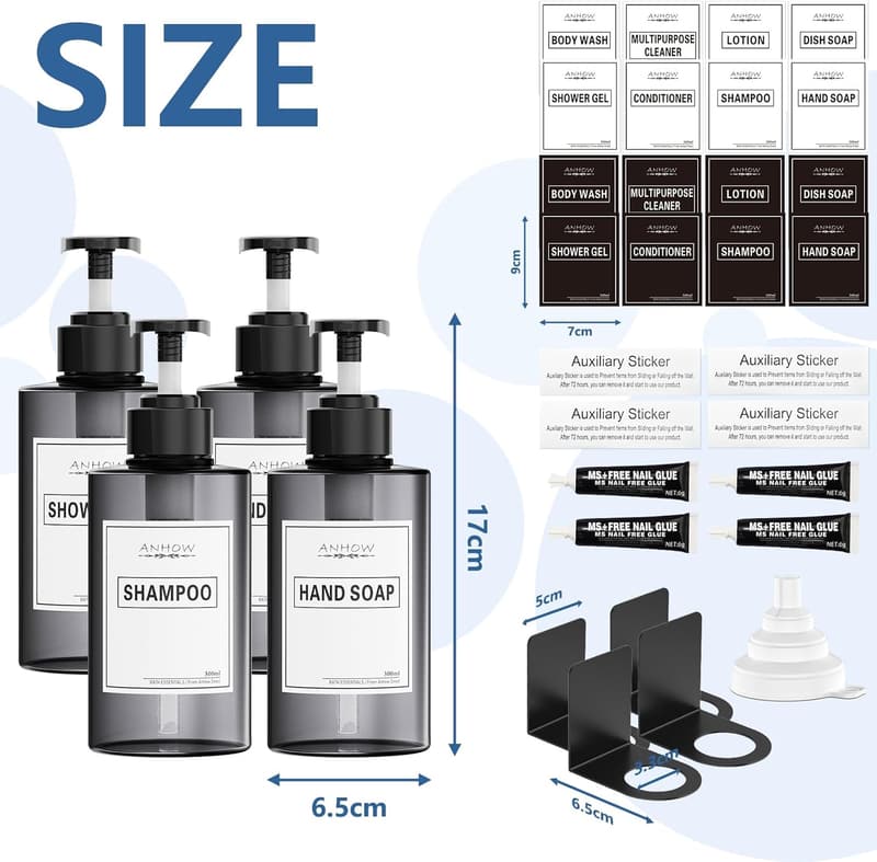 Wandseifenspender-Set 4er, 300ml, ohne Bohren mit Etiketten - Grau