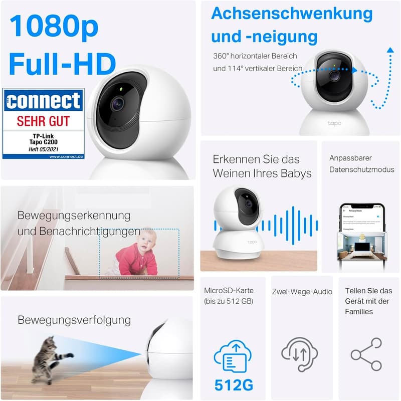 360° WLAN-Überwachungskamera für Innenräume, FHD 1080P, Nachtsicht, für Haustiere