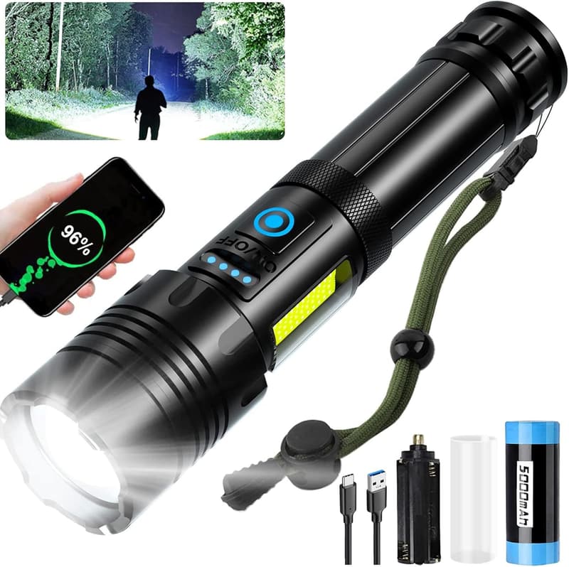 500000 Lumen Taktische LED Taschenlampe, IPX6, USB-C, 7 Modi, Akku
