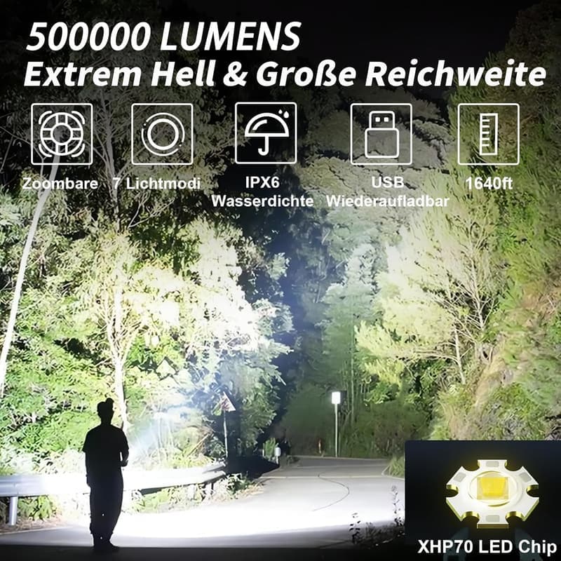 500000 Lumen Taktische LED Taschenlampe, IPX6, USB-C, 7 Modi, Akku