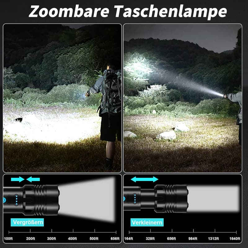 500000 Lumen Taktische LED Taschenlampe, IPX6, USB-C, 7 Modi, Akku