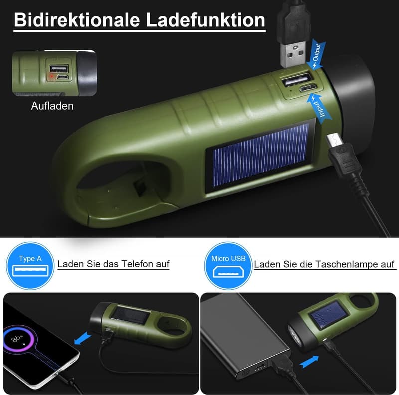 Multifunktionale LED Taschenlampe mit USB und Kurbel für Outdoor-Aktivitäten