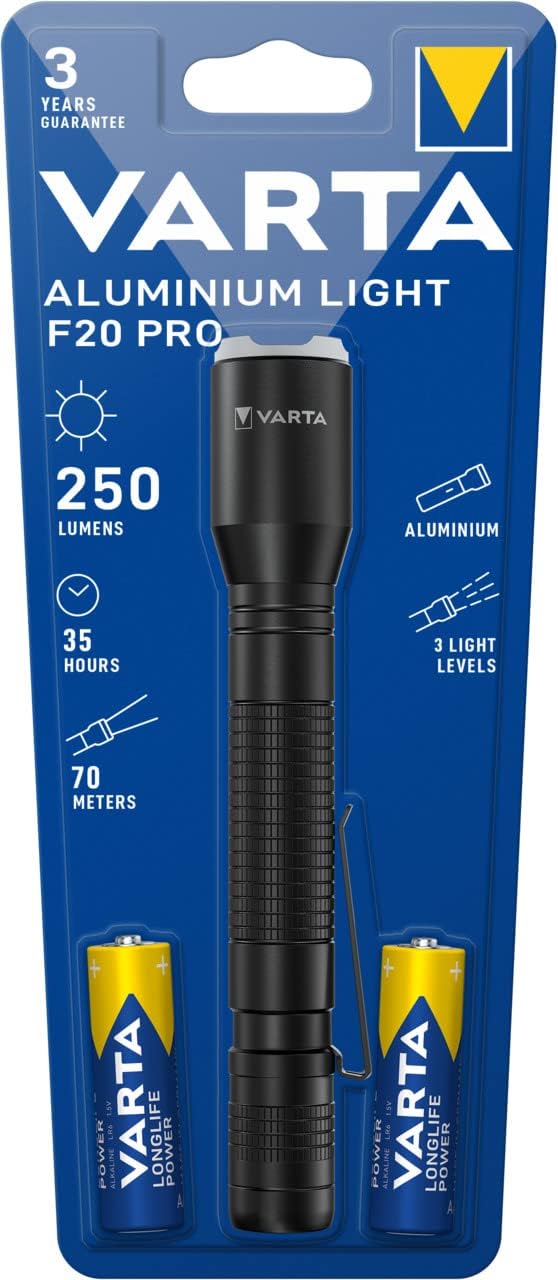 VARTA LED Taschenlampe F20 Pro mit 2x AA Batterien, Aluminiumgehäuse, 3 Modi