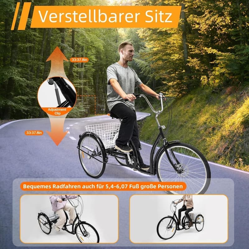 26 Zoll Dreirad für Erwachsene mit 6 Gängen und Einkaufskorb