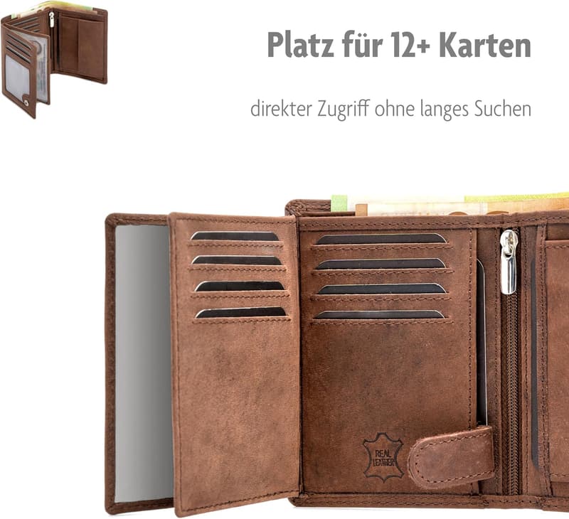 Ledergeldbörse aus echtem Büffelleder mit RFID-Schutz für Herren und Damen, braun