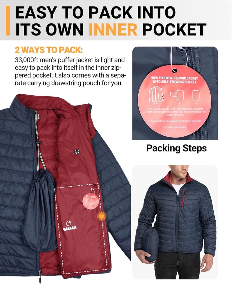 Leichte Herren Steppjacke für Freizeit und Reisen, gefüttert, packbar