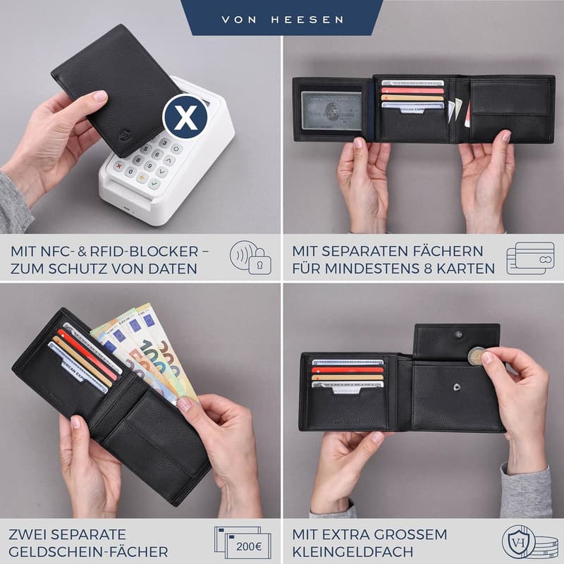 Leder Geldbörse für Herren mit RFID-Schutz aus Echtleder (Schwarz)