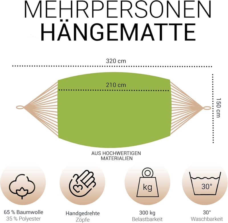 Doppelhängematte 210 x 150 cm mit Befestigungs-Set – 300 kg Tragkraft, grün