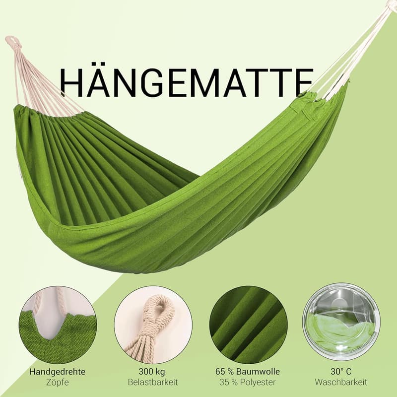 Doppelhängematte 210 x 150 cm mit Befestigungs-Set – 300 kg Tragkraft, grün