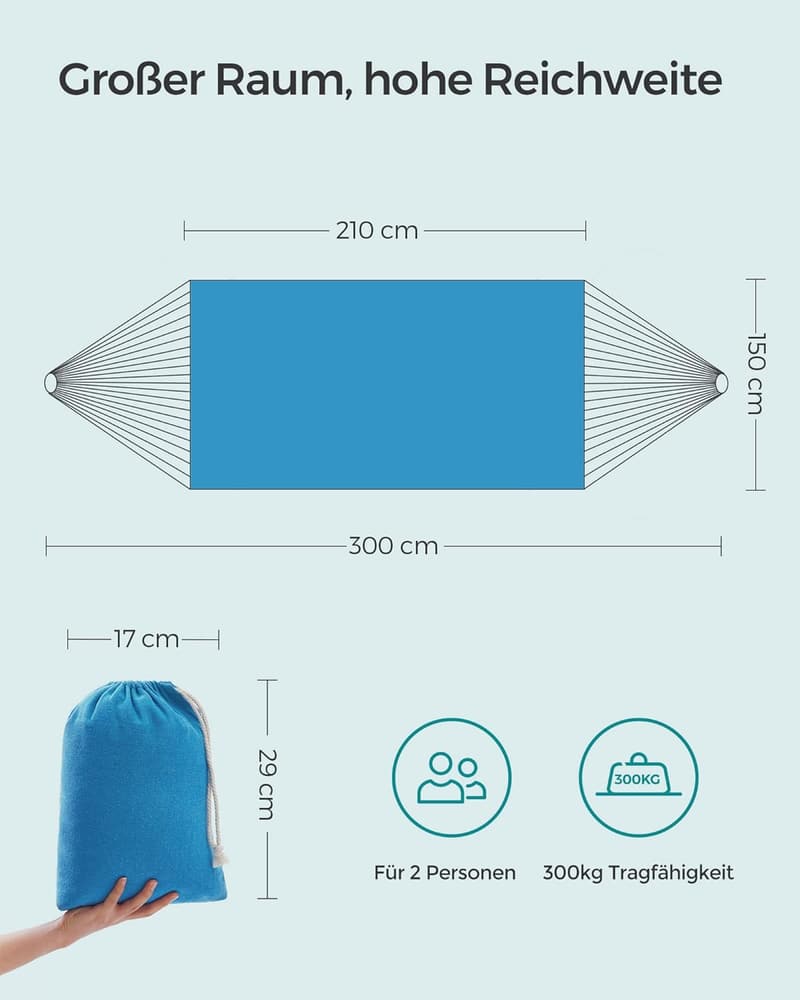 Doppelhängematte 210 x 150 cm, 300 kg Tragkraft, für Garten & Camping