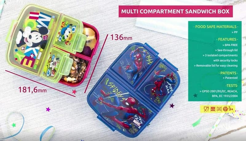 Mickey Mouse Brotdose für Kinder mit 3 Fächern, BPA-frei