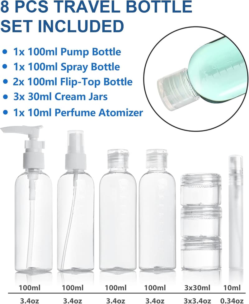 Transparentes Kulturbeutel-Set mit 8 Reiseflaschen (100ml) für Handgepäck