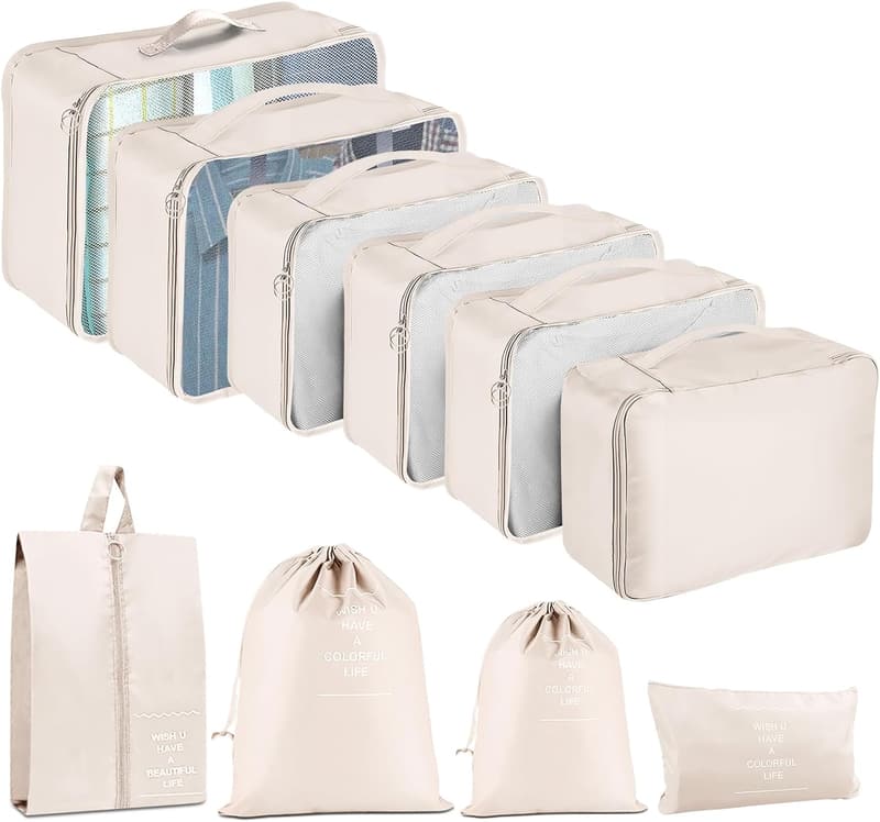 Kofferorganizer Set mit 10 Packing Cubes für Reiseaccessoires (Beige)