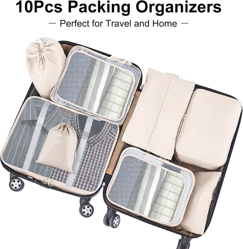 Kofferorganizer Set mit 10 Packing Cubes für Reiseaccessoires (Beige)