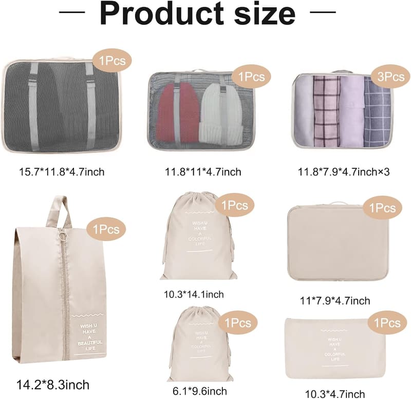 Kofferorganizer Set mit 10 Packing Cubes für Reiseaccessoires (Beige)