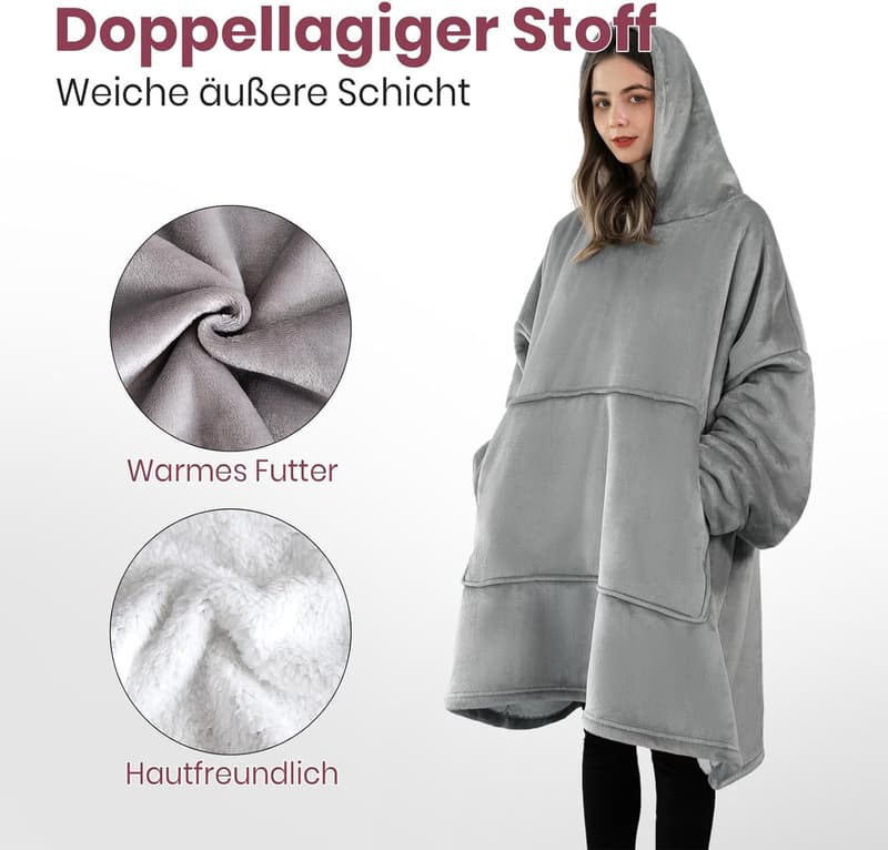 Übergroßer Hoodie-Decke mit Ärmeln für Damen und Herren in Grau